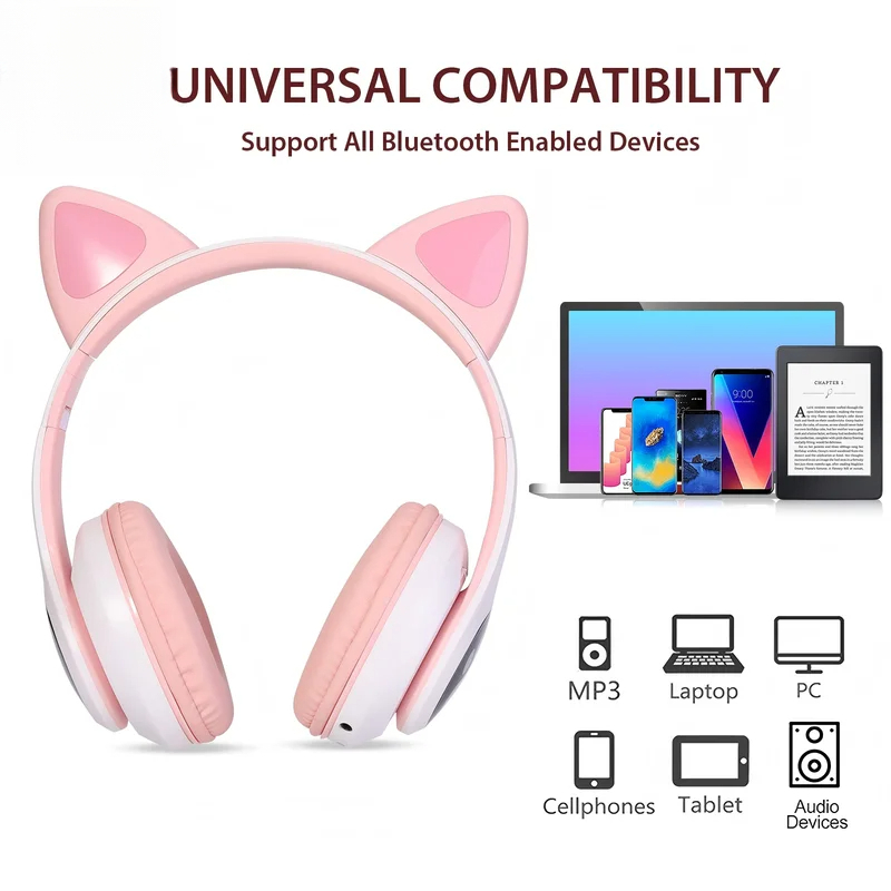 Cat Ear Bluetooth Headset Led - T28 Kablosuz Bluetooth Kulaklık, LED Işıklı